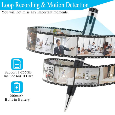 64GB Camera Pen 1080P Hidden Spy Camera With Motion Detection Portable Security Pen, filmstrip showing camera use in various settings