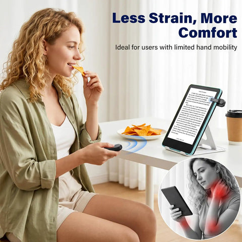 Woman using Universal Page Turner Remote For Kindle Kobo And Most Touchscreen E Readers Handy Clicker For Reading Novels On Tablets