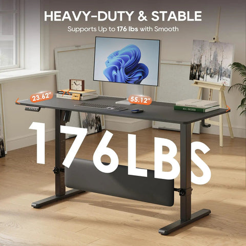 MALOL 56 Inch Electric Standing Desk With Adjustable Footrest Black height adjustable workstation showing digital display and stability support.