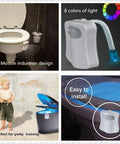 Collage of Toilet Night Light With Motion Sensor And LED 9 Color Modes Auto On In The Dark, showing installation and usage in bathroom.