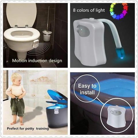 Collage of Toilet Night Light With Motion Sensor And LED 9 Color Modes Auto On In The Dark, showing installation and usage in bathroom.