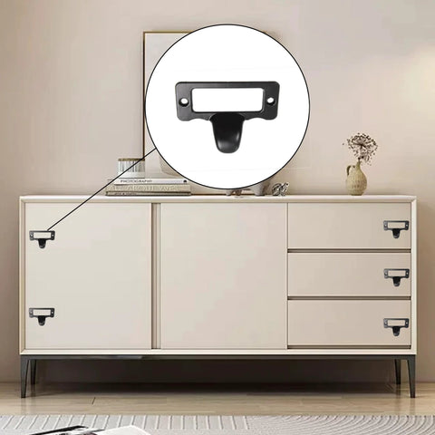 30 Pack Label Tag Holder Pull Handles In Black Zinc Alloy Drawer Pulls For Cabinets Cupboards Shelves Dressers And Office Furniture Measuring 1.85 By 1.38 Inches For Label Card Organization installed on cabinet