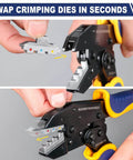 6 In 1 Ratcheting Crimping Tool Kit With Wire Stripper And 6 Interchangeable Dies For Heat Shrink Insulated Non Insulated Ferrule Open Barrel Connectors Ideal For DIY Home And Professional Electrical Wiring showing die swapping