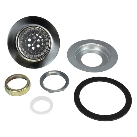 Flat Top Shower Drain Strainer For Mobile Homes And RVs Chrome Finish 4 And A Half Inch Outer Flange Durable Metal Construction Keeps Bathroom Drains Flowing And Debris Free