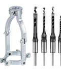Heavy Duty Square Hole Drill Bit Adapter With Four Piece Mortising Attachment For Drill Press, steel construction with four drill bits.