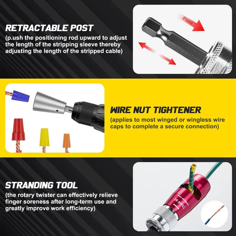 Electric Wire Stripping Drill Attachment Kit for AWG 14-12-10 showing retractable post, wire nut tightener, and stranding tool.