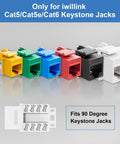 Colorful Cat5/Cat5e/Cat6 keystone jacks and 90 degree fixture for 90 Degree Angled Speed Termination Keystone Tool Kit.