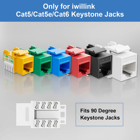 Colorful Cat5/Cat5e/Cat6 keystone jacks and 90 degree fixture for 90 Degree Angled Speed Termination Keystone Tool Kit.