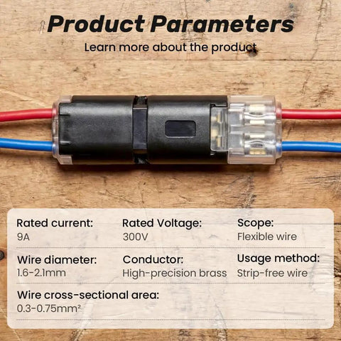 Fast Locking Wire Plug In Connector With Buckle For Quick Connects Flame Retardant Emergency Repair Kit Simple Push In Wiring For Home And Car No Tools Needed 50 Pack, shown with wire parameters on wood surface