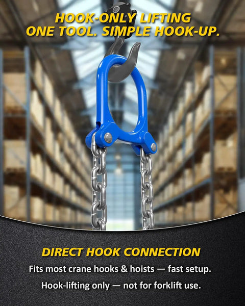 Heavy Duty 55 Gallon Drum Lifter With 1 Ton Capacity, Spring-Loaded Alloy Steel Jaws, G80 Chain Barrel Clamp, Crane Hook And Hoist Compatible, Moves Steel And Plastic Drums For Oil, Waste, Feed Handling, blue hook connection