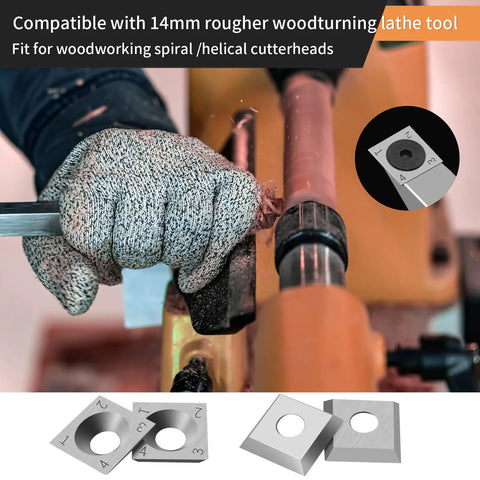 Knockout 14 X 14 X 2 Mm Square Carbide Inserts For Woodturning and Helical Planers with tough tungsten blade, showing installation on lathe.