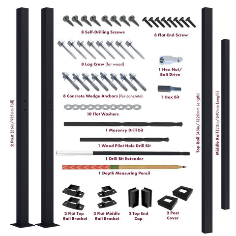 Horizontal Metal Deck Railing For Flat Surfaces, 4 Ft Wide Black Straight Handrail, 36 In Tall For Decks And Patios kit contents