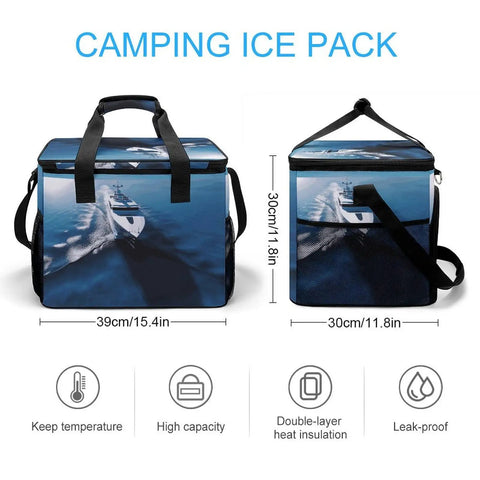Large Capacity Insulated Cooler Bag With Leak Proof Lining for Grab and Go Outdoor Eats, shown with dimensions and features.