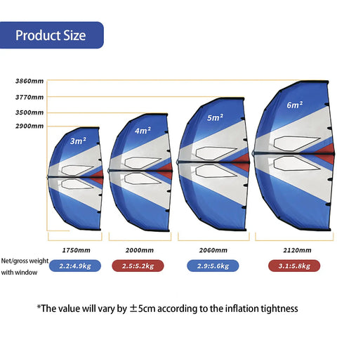 Inflatable Wing Foil For Kitesurfing And Windsurfing Handheld Surfboard Wing Kite With Window Design Built In Inflator And Dual Airbags For Epic Outdoor Water Sports size chart showing 3m to 5m options