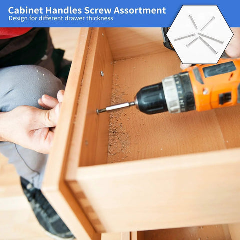Person installing cabinet handles with M4 Cabinet Screws Assortment Kit 25 To 50 Mm 100 Pcs Pan Washer Head Phillips Machine Screws.