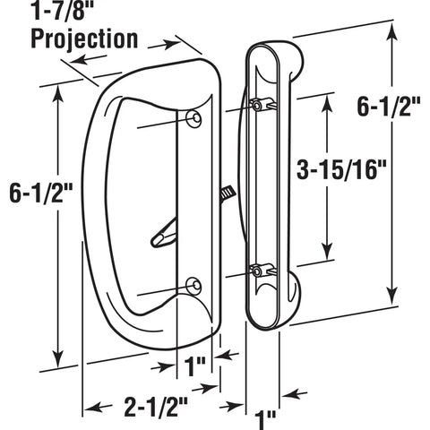 Dimensions of Sliding Glass Door Handle Set For Mortise Hook Style Doors, Reversible Surface Mount, Painted White Diecast, Fits 3-15/16 Inch