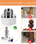 Heavy Duty Water Line Adapter Workhorse 1/2 Inch Female To 3/8 Inch Male Brass Fitting highlighting sturdy connection and rubber gasket use.