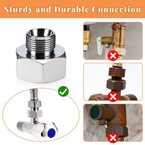 Heavy Duty Water Line Adapter Workhorse 1/2 Inch Female To 3/8 Inch Male Brass Fitting highlighting sturdy connection and rubber gasket use.