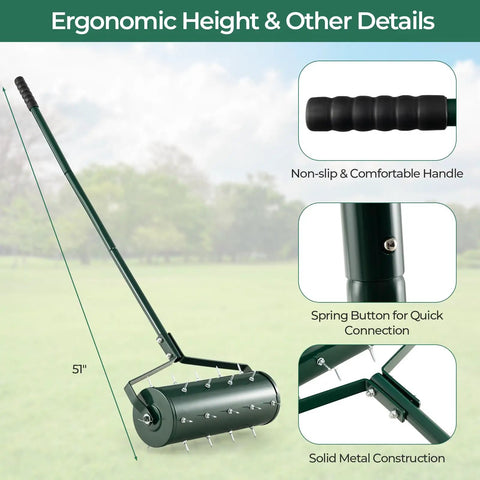 18 Inch Manual Lawn Aerator With Heavy Duty Rolling Tines And 27 Rustproof Spikes, 51 Inch Detachable Handle in ergonomic design