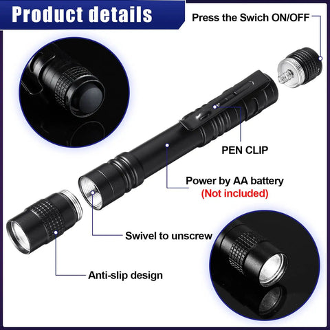 Mini LED Flashlight With Clip, Pocket Sized And Water Resistant, shown with pen clip and unscrewable end for AA battery