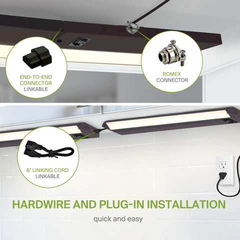 24 Inch Swivel LED Under Cabinet Lights Dimmable 3CCT 2700K To 4000K No Fuss Plug In Or Hardwired Install Bronze Finish
