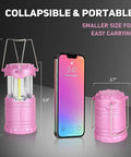 2 Pack Mini LED Pink Camping Lanterns shown in collapsed and expanded positions beside smartphone for size comparison