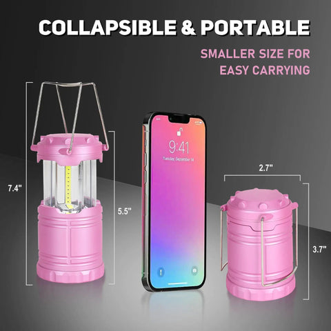 2 Pack Mini LED Pink Camping Lanterns shown in collapsed and expanded positions beside smartphone for size comparison