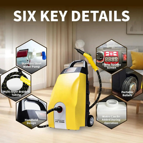 Heavy Duty High-Pressure Steam Cleaner 3000W with water pump, timer display, and portable rollers for home cleaning.