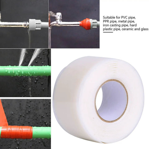 Strong Adhesion PVC PPR Pipe Repair Tape For Quick Seal And Leak Fix No Replacement Needed Flexible Durable Home Plumbing Solution In White Or Red Perfect For Quick Fixes And Emergency Repairs For Kitchen And Bath Plumbing. White roll and applied examples.