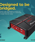 GM-A3702 2 Channel Car Amplifier With 500W Max Power Class AB Bridgeable Design in black and red, designed for enhanced audio performance