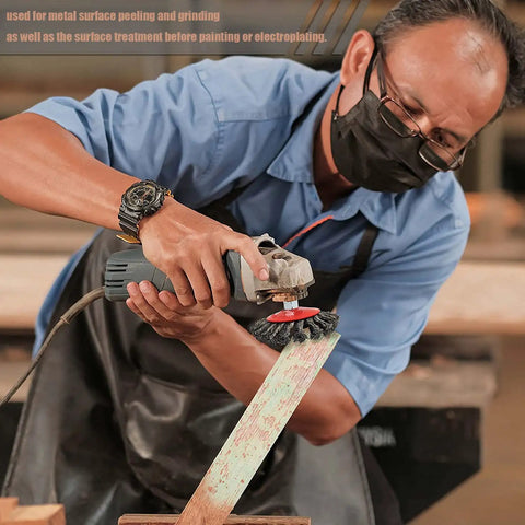 Person using an angle grinder with Eight Pack Four Inch Wire Wheels For Angle Grinders With Twist Knot Carbon Steel Wire Brushes For Four And A Half Inch Grinders Built Pro Grade With Five Eighths Inch Thread Arbor For Easy Rust Removal And Deburring on metal surface