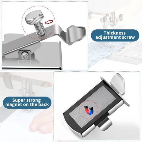 TIGARI magnetic seam guide for sewing machine with clip; silver metal ruler.  
TIGARI seam guide showing thickness adjustment screw on metal body.  
Back view of TIGARI magnetic seam guide with strong magnet visible.  
Close-up of magnet inside TIGARI seam guide in metal housing.