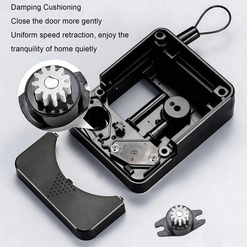 Retractable Door Closer No Drill 1200g Tension With Steel Drawstring internal mechanism and parts detail view