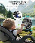 Rechargeable Clip On Mist Fan With Bright Led Light And Smooth Swivel For Golf Carts Strollers Rv Trips And Camping Chases The Sweat Keeps You Wicked Chill All Weekend Long Portable Spray Cooler Sweet Ride Gear on stroller with child, 360-degree rotation.