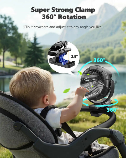Rechargeable Clip On Mist Fan With Bright Led Light And Smooth Swivel For Golf Carts Strollers Rv Trips And Camping Chases The Sweat Keeps You Wicked Chill All Weekend Long Portable Spray Cooler Sweet Ride Gear on stroller with child, 360-degree rotation.