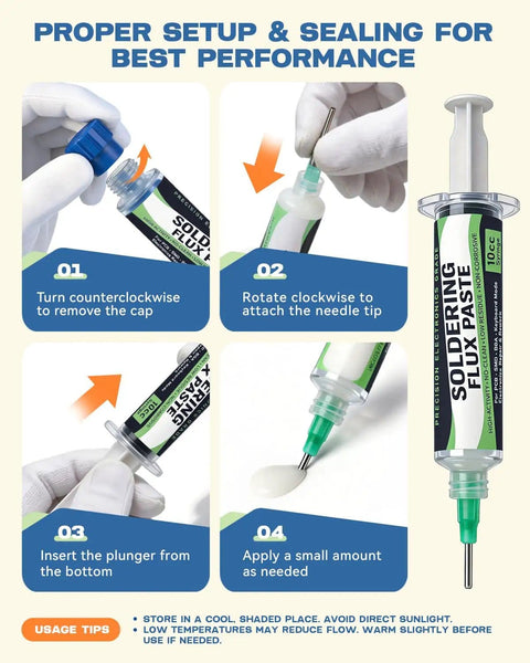 Instructions for using Lead-Free Rosin No Clean Solder Flux Paste For Electronics Repair, 4 Pack 10cc Syringes on PCB