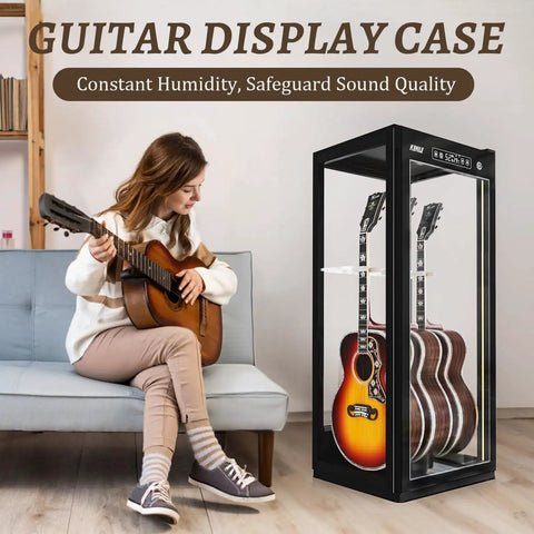 Premium Guitar Display Case With Humidification And Constant Temperature Control beside woman playing guitar on sofa