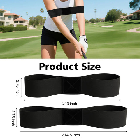 Two Pack Golf Swing Training Aid Arm Bands for Muscle Memory and Body Connection, product size dimensions displayed