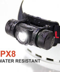 Super Bright 520 Lumen LED Headlamp With CREE XP-L V6 LED Ultra Lightweight Waterproof IPX8 on helmet showcasing water resistance
