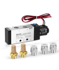 4V410-15 DC12V Pneumatic Solenoid Valve 2 Position 5 Way Pilot Operated with connectors and mufflers, electric outlet wire visible