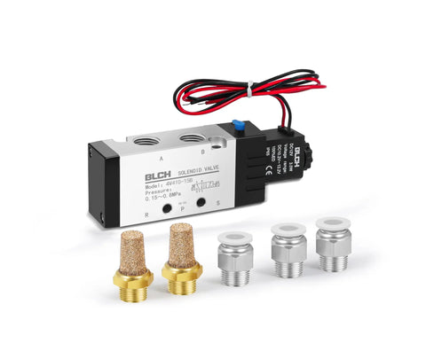 4V410-15 DC12V Pneumatic Solenoid Valve 2 Position 5 Way Pilot Operated with connectors and mufflers, electric outlet wire visible