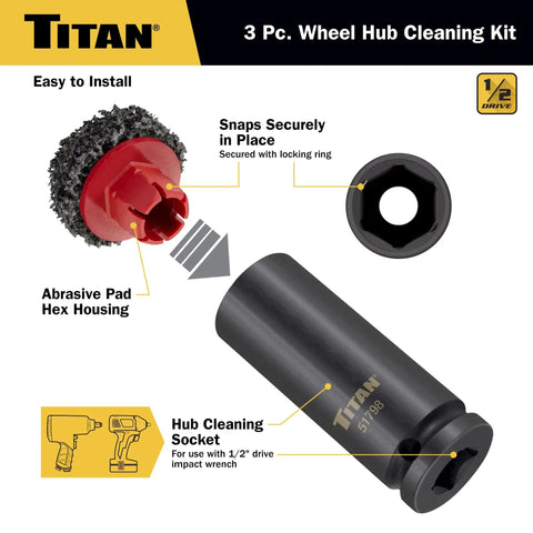 Pro Grade Wheel Hub Cleaning Kit with half inch drive impact socket, abrasive pad with hex housing, and locking ring.