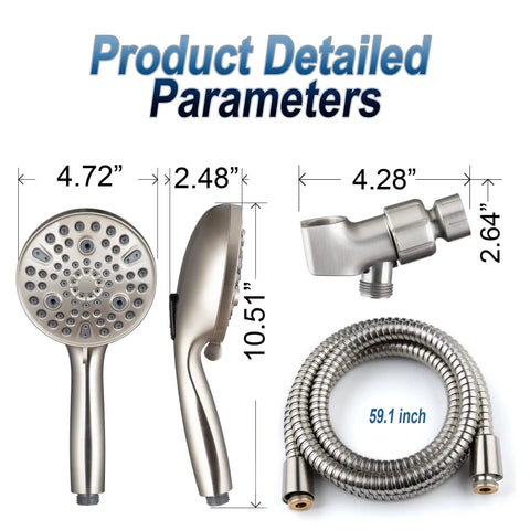 High Pressure Handheld Shower Head With 10 Settings, 4.7 Inch Detachable Shower Head Kit, brush nickel parts and hose