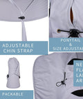 Go To Wide Brim Sun Hat With Neck Flap UPF 50+ For Men And Women showing adjustable chin strap, packable, and large neck flap.