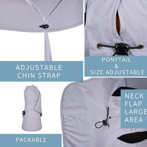 Go To Wide Brim Sun Hat With Neck Flap UPF 50+ For Men And Women showing adjustable chin strap, packable, and large neck flap.