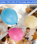 Fifteen Pack Clear Balloon Arch Clips With Boss Level Grip For Backdrop Parties And Studio Photos holding colorful balloons.