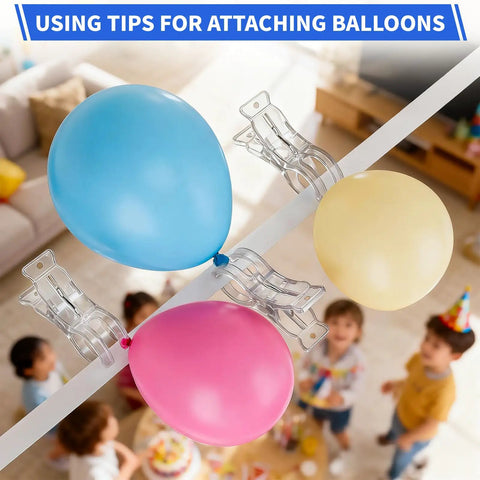 Fifteen Pack Clear Balloon Arch Clips With Boss Level Grip For Backdrop Parties And Studio Photos holding colorful balloons.