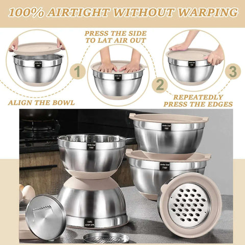 26 Piece Stainless Steel Mixing Bowls Set With Airtight Lids And Grater Attachments Non Slip Bottoms Khaki Kitchen Gadgets stacked