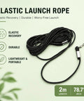 Black elastic launch rope 2m length, 78.7 inches, with carabiner on green background, features elastic recovery, durable, lightweight.