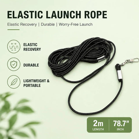 Black elastic launch rope 2m length, 78.7 inches, with carabiner on green background, features elastic recovery, durable, lightweight.